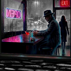 Cinematic noir style metal print featuring a man in a trench coat and fedora sitting at a dimly lit bar, neon lights reflecting on wet glass, high-gloss dye-sublimation on 1.1mm aluminum.