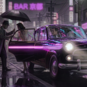 Cinematic noir metal print of a classic Datsun 1000 in a rainy Tokyo-style street at night, neon pink and purple signs reflected on wet pavement, man holding umbrella for a woman entering the car, dye-sublimation on aluminum.