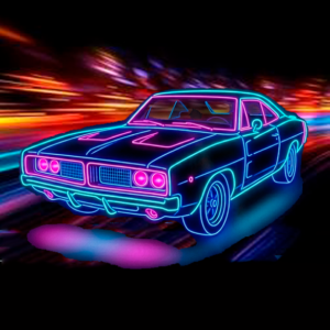 Neon Dodge Charger 1969 high-definition metal print, muscle car wall art with blue and magenta glowing effects.